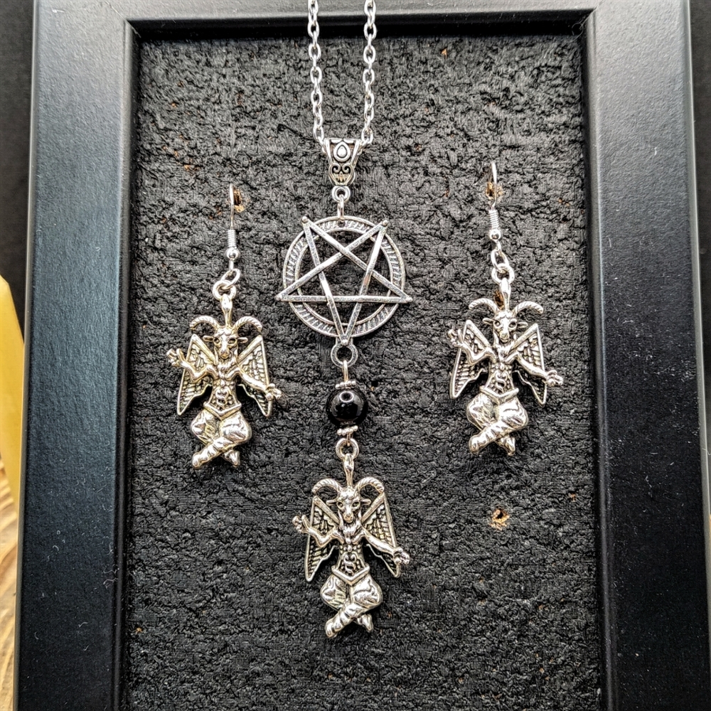 Baphomet Unisex Necklace and Earring Jewelry Set Obsidian Stone